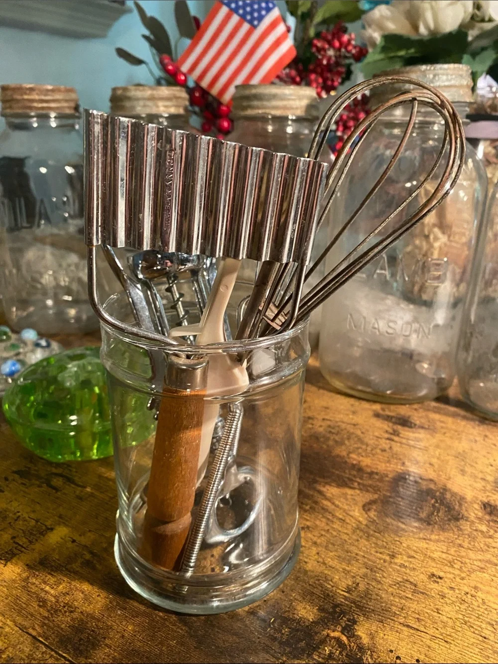 Vintage Kitchen Utensil Set in Silver with Clear Glass Holder